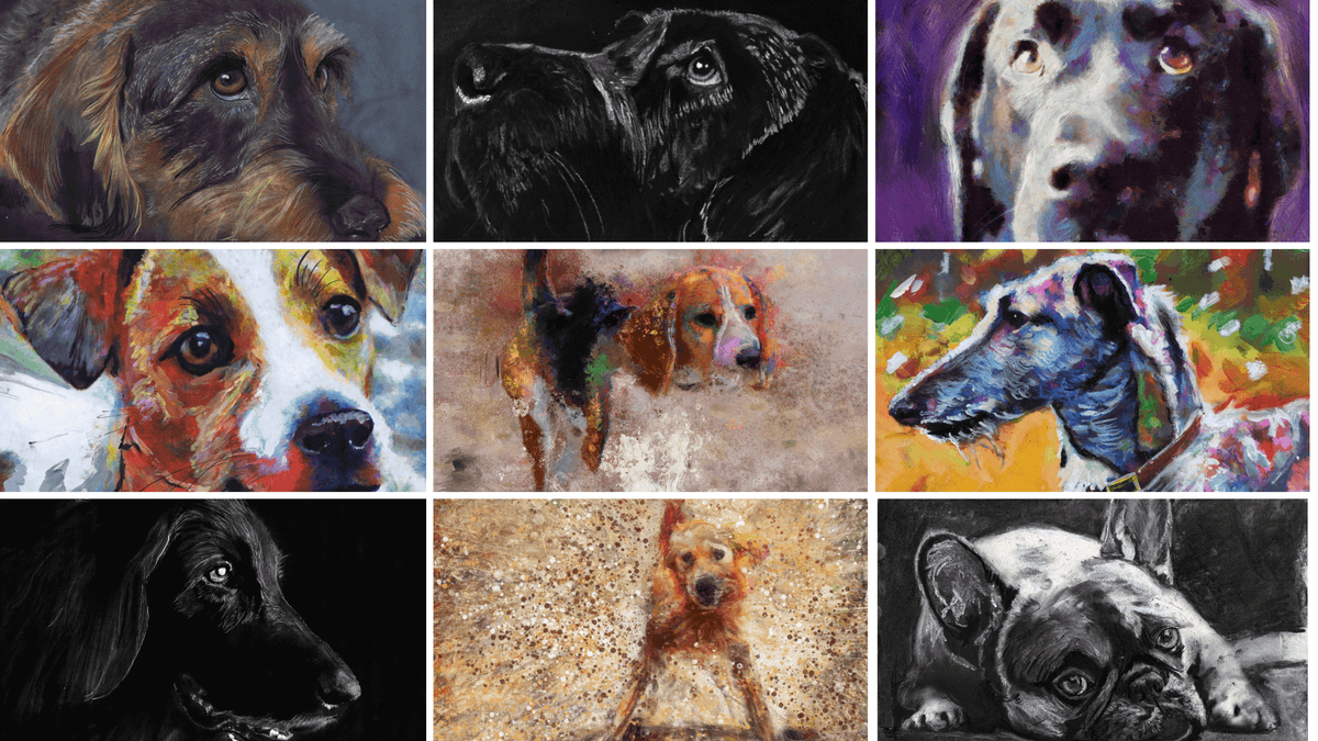 Custom dog portrait in watercolor acrylic or oil by Oscar Jetson with the call-to-action button 'Shop Dog Portraits