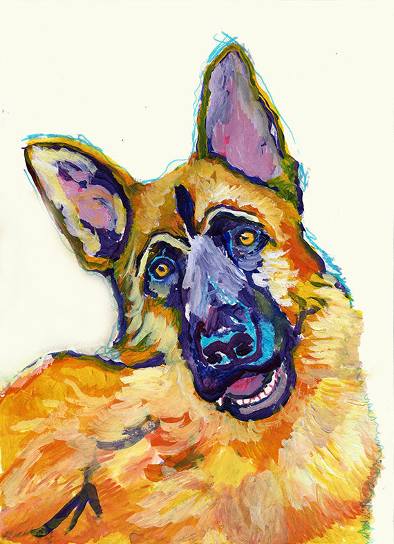 German Shepherd Dog Painting colorful, GSD dog Print , watercolor and acrylic Alsaian Dog GSD owner gift, German Shepherd painting art print - Dog portraits by Oscar Jetson