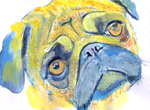 Colorful Pug Dog Portrait Poster Art  Giclee print from Watercolor Pen and Ink Painting Gift idea. - Dog portraits by Oscar Jetson