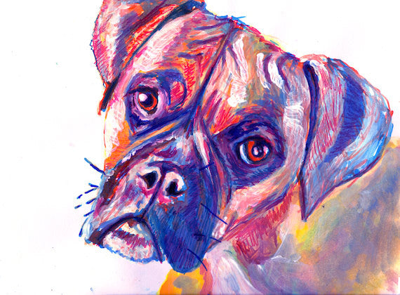 Boxer Dog Painting art print Dark Blue tones unique boxer dog painting poster print boxer dog gift idea - Dog portraits by Oscar Jetson