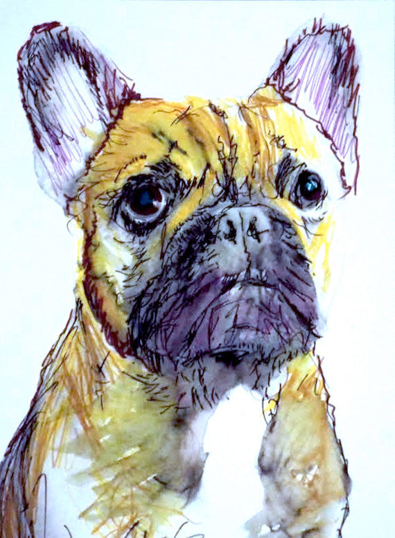 French bulldog painting art print yellow ochre, midnight purple, French bulldog gift idea, frog dog, bulldog decor frenchie art print - Dog portraits by Oscar Jetson