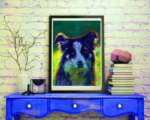 Border Collie dog Abstract Painting Print Blue dog art print Signed Colorful collie doglover Art Dog painting Border collie wall art print - Dog portraits by Oscar Jetson
