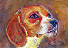 Load image into Gallery viewer, Beagle Painting Print, Beagle dog art, Colorful Beagle, watercolor, tricolor beagle , beagle dog portrait, gift for beagle owner - Dog portraits by Oscar Jetson